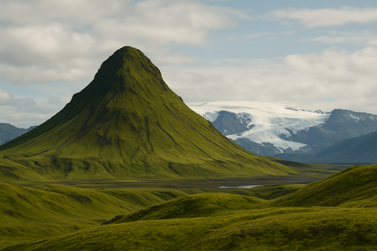 Grænt fjall í íslensku landslagi
