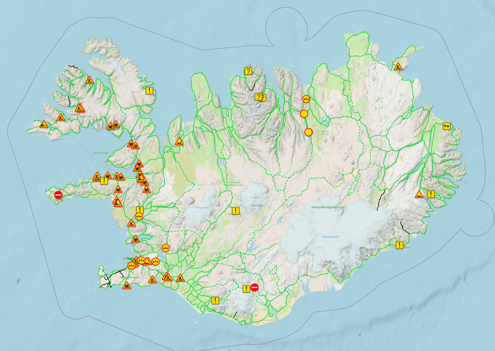 Vegakort Íslands með færðarlitum, lokunum og viðvörunarmerkjum