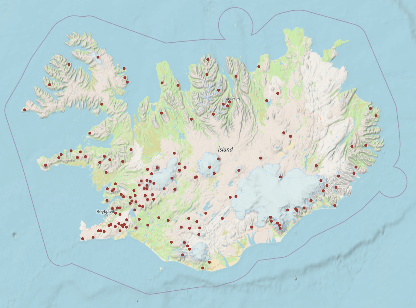 Kort Landkönnuða með fjöllum víðs vegar um Ísland
